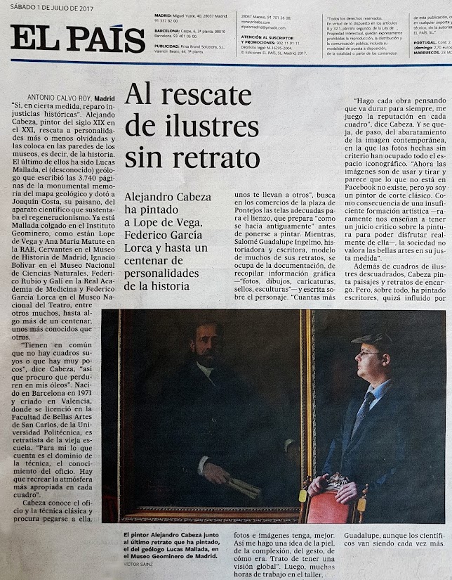 Periodico El País, Alejandro Cabeza, Salomé Guadalupe Ingelmo, Lucas Mallada, Pintura Valenciana, Retratista español, Retrato de Lucas Mallada, Retratos de Alejandro Cabeza, Retrato oficial, Pintores Valencianos, Pintor Valenciano, Alejandro Cabeza Pintor, Lope de Vega, Miguel de Cervantes, Ángel Ganivet, Fotografo Victor Sáinz, Antonio Calvo Roy, Lucas Mallada y Pueyo