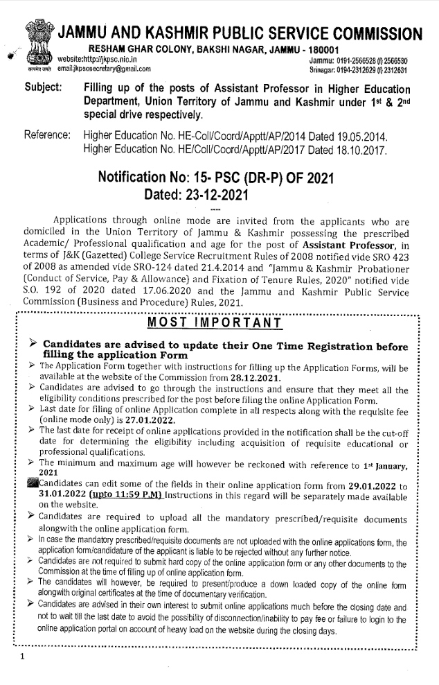 JKPSC - Online Application Notification for 136 Assistant Professor Posts in Higher Education | Check Here