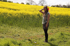 fashion blogger in yellow field in spring