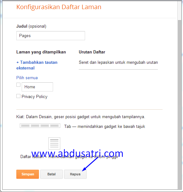 cara memunculkan tombol hapus pada widget blog