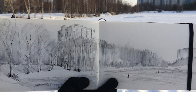 Озеро в снегу. Скетч. Акварельный карандаш и уголь