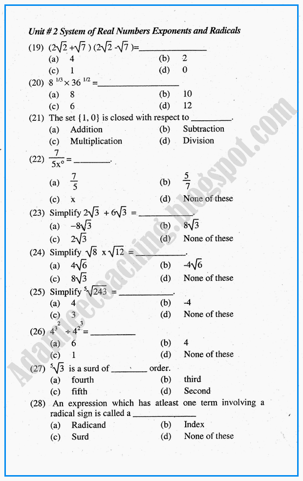 system-of-real-numbers-exponents-and-radicals-mcqs-mathematics-notes-for-class-10th