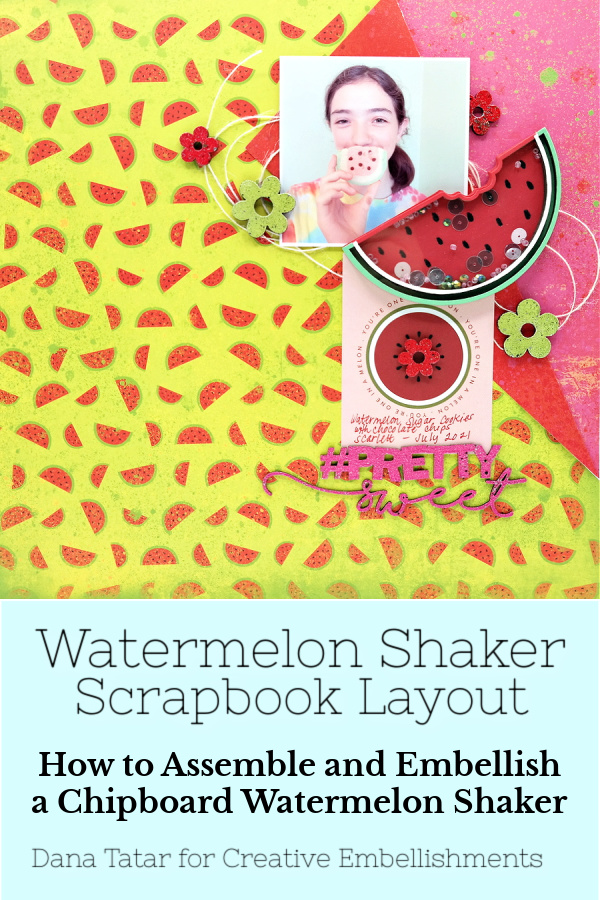 Pretty Sweet Watermelon Sugar Cookie Scrapbook Layout with Watermelon Slice Shaker Embellishment