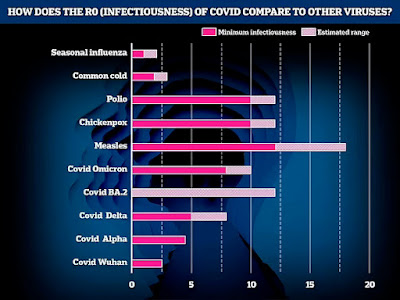 Na foto acima estão as estimativas R0 para variantes do Covid contra doenças conhecidas, incluindo resfriado comum, varicela e sarampo. Estima-se que esta última esteja entre as doenças mais infecciosas para atingir os seres humanos