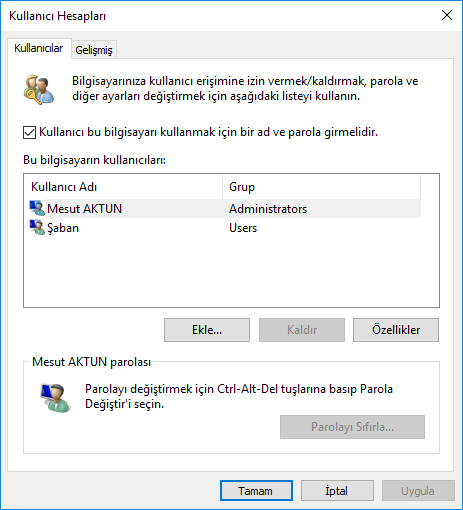 Kullanıcı Hesapları Kullanıcı Hesapları