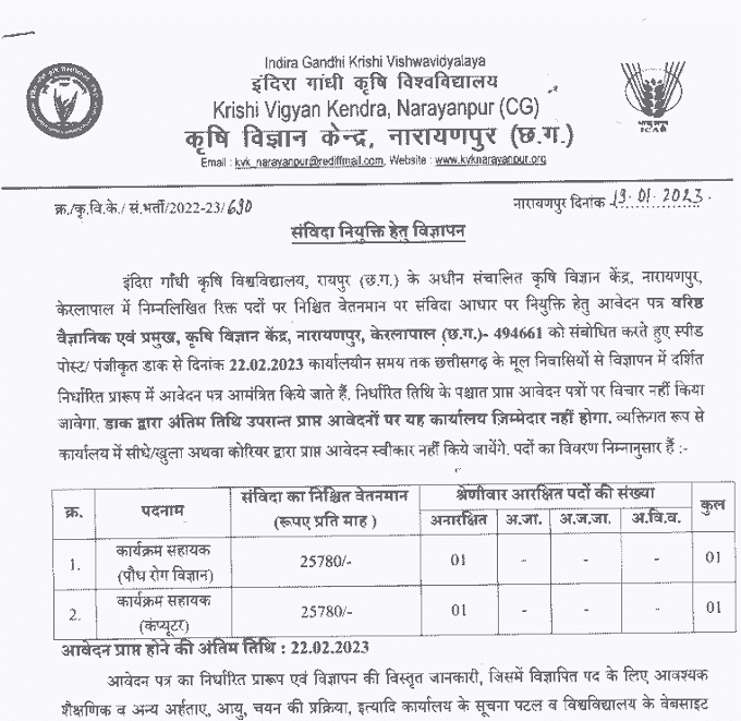 NARAYANPUR KRISHI VIBHAG VACANCY 2023 | छत्तीसगढ़ नारायणपुर जिले के कृषि विभाग में विभिन्न पदों की वेकेंसी