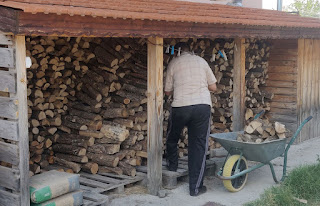 Now stacking it up in the outside shed