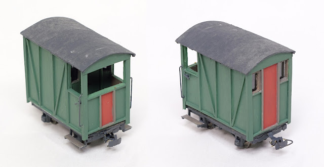 Two three-quarter views of the completed brake van.