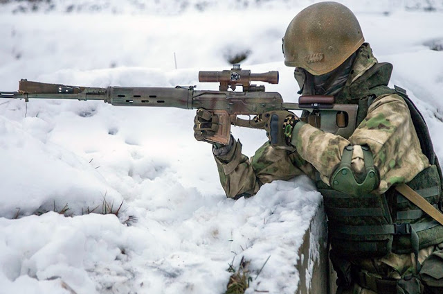 On February 9, 2022, sniper soldiers are seen during a tactical drill in Tambov Oblast (Tambovskaya), Russia.
