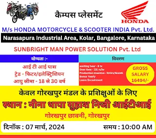 ITI Job Campus Placement for Honda Motorcycle & Scooter India Pvt Ltd Bangalore, Karnataka | ITI Jobs Vacancies in Honda Company