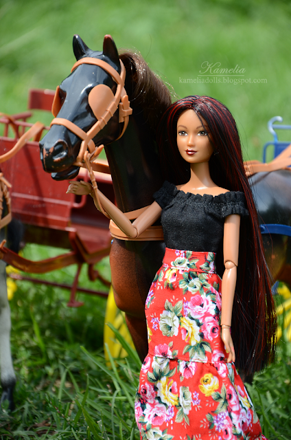 Black linen blouse and red floral long boho skirt for Barbie doll