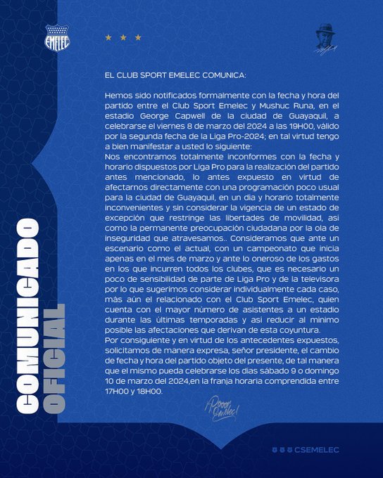 Emelec inconforme por horario y fecha para la segunda jornada de LigaPro en el Capwell