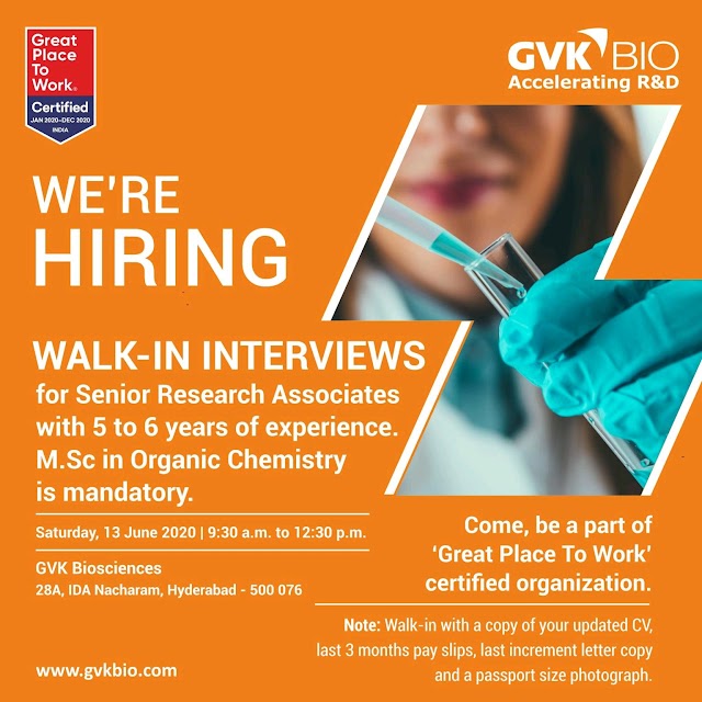 GVK bio | Walk-in for Research associates at Hyderabad on 13 June 2020