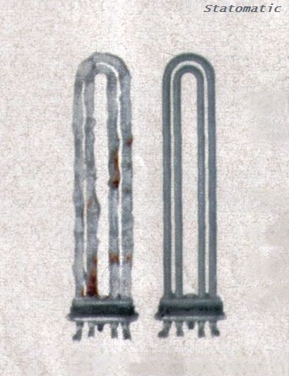 Regardez ce deux thermoplongeurs de machine à laver. Celui de gauche, entartré par l'eau calcaire, chauffe moins bien et consomme plus d'électricité. Voilà ce que vous risquez avec une lessive ordinaire. La formule "haute protection anti-calcaire" de Skip vous préserve de ces ennuis.