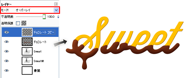 「チョコレート　コピー」のレイヤーのモードをオーバーレイにして明るさを重ねる。