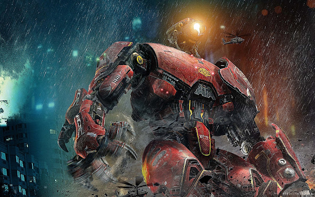   Pacific Rim Chrimsom Typhoon Mecha Robot Sci Fi Raining Buildings HD Wallpaper Desktop PC Background a124. 