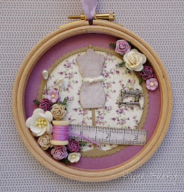 Decorated 5" embroidery hoop in lilac with sewing theme 
