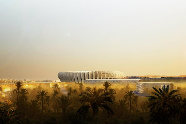 Rendering of new Grande Stade de Casablanca by SCAU, Casablanca, Morocco with the brown landscape and palms