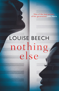 Cover for book “Nothing Else” by Louise Beech. The background is music manuscript paper, bare with no notes. In the centre it is white, fading out to pale blue in the corners. Facing each other across the page, but not lined up, are two female faces. The are almost in profile, but not quite – they are clearly pictures not silhouettes. One is at the top left, the eyes cut off by the edge of the page. The other is bottom right, the full face in view except for the lower part of her chin. At the top is an endorsement by John Marrs: “One of the best writers of her generation”.