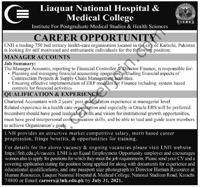 lnh.edu.pk Jobs 2021 - Liaquat National Hospital Medical College LNH Jobs 2021 in Pakistan