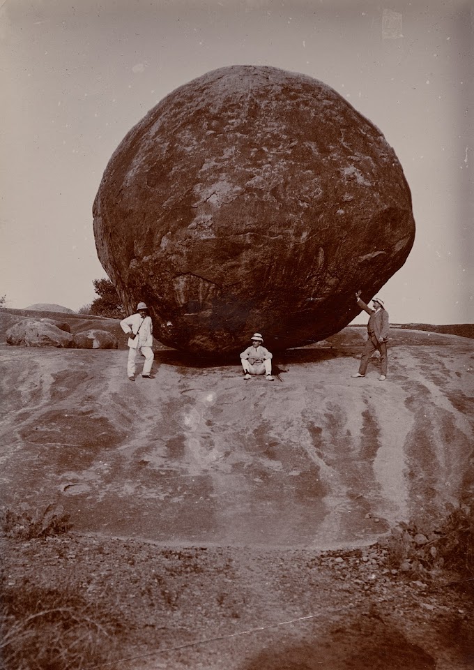 British Officers at Krishna's Butterball (Vaan Irai Kal), Mamallapuram (Mahabalipuram), Chengalpattu, Tamil Nadu, India | Rare & Old Vintage Photos (1900)