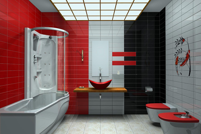 Modern Bathrooms with 3 colors tiled Light Gray , Black and Red a nice  title=