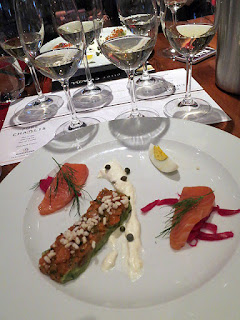 Chablis paired with Gravlax & Spicy Salmon Tartare, Avocado, Egg, Lemon Crème Fraîche, Pickled Onion and Capers