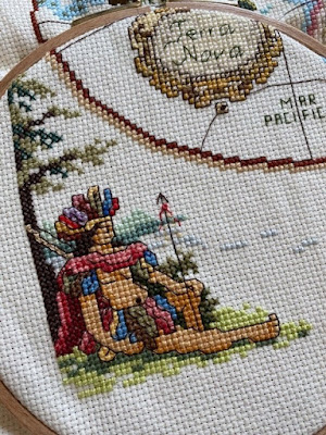 Olde World Map cross stitch in progress - lower left corner