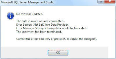 Error Message: String or binary data would be truncated. 