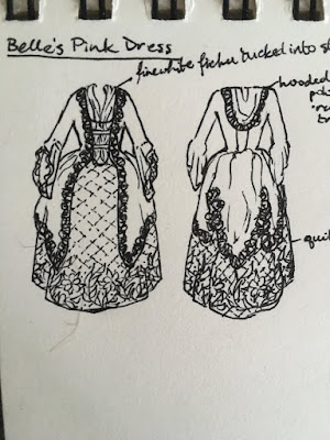 A sketch in black pen of a fancy 18th-century outfit, with a long, bustled up gown with a hood and dense trim around the edges, a diamond quilted petticoat with floral designs around the bottom border, and a loosely tucked kerchief. Annotations note the fabrics and colors of the pieces.