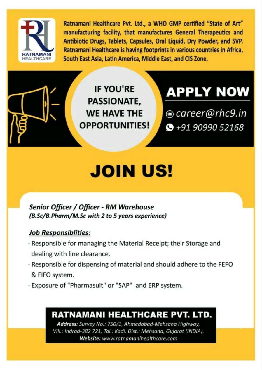 Job Availables,Ratnamani Healthcare Pvt Ltd Job Vacancy For BSc/ MSc/ B.Pharm