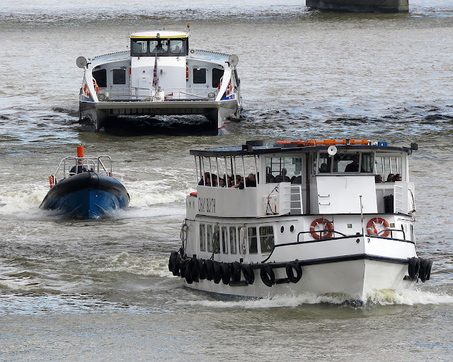 Several kinds of boats on the Thames, London