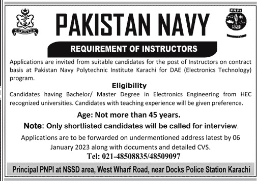 Daily Jobs – Pakistan Navy Polytechnic Institute Karachi Jobs 2023