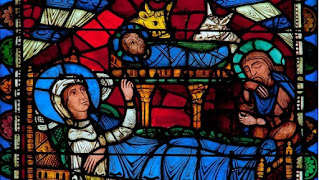 Stained glass at the Notre Dame cathedral depicting the Nativity