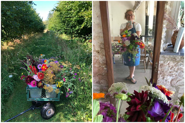 Georgie's flower preparation: early morning trolley in the shade and checking the final sheaf