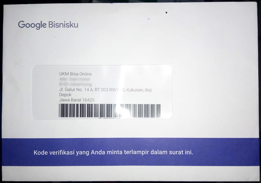 Contoh surat verifikasi Google Bisnisku yang dikirimkan oleh Google