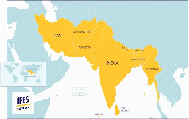 Map showing South Asia region with security icons