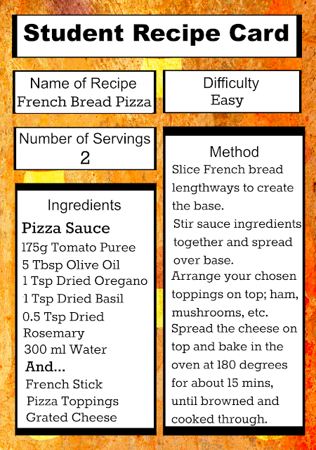 Easy French Bread Pizza recipe card for students, with just a few cheap ingredients and not much time!