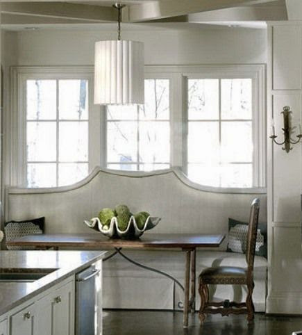beautiful traditional  white kitchen banquette upholstered bench and table