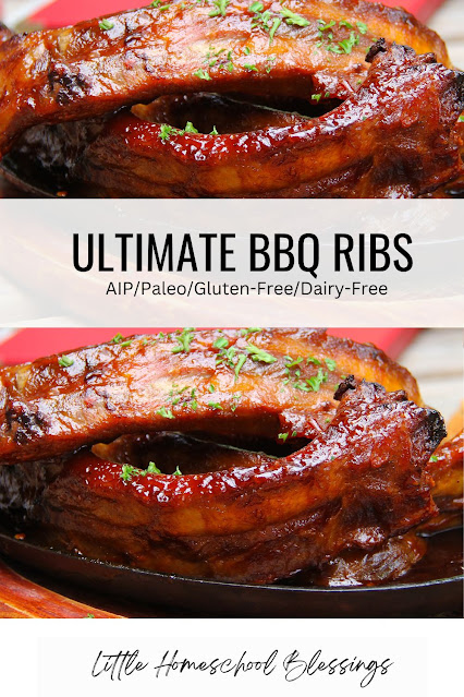 Picture of BBQ ribs with words Ultimate BBQ ribs aip/paleo/gluten free/dairy free