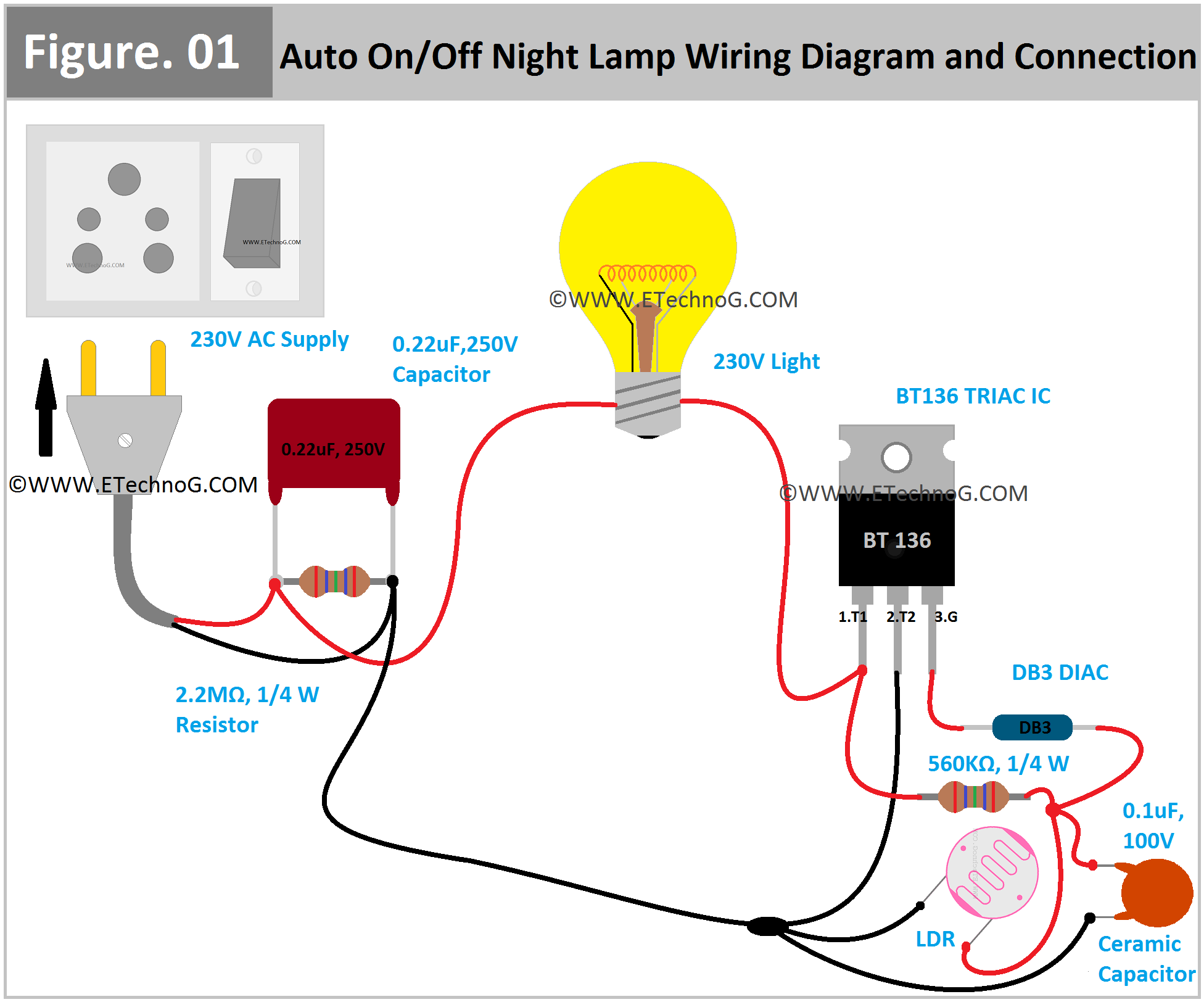 auto on off night lamp(230V) wiring diagram and connection, Circuit