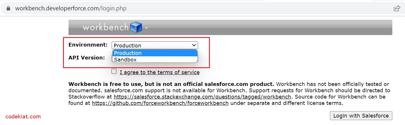 Salesforce workbench login screen