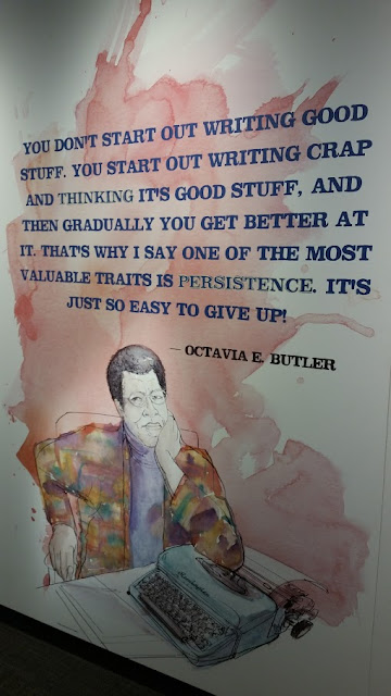 "You don't start out writing good stuff. You start out writing crap and thinking it's good stuff, and then gradually you get better at it. That's why I say one of the most valuable traits is persistence. It's just so easy to give up!" - Octavia E. Butler