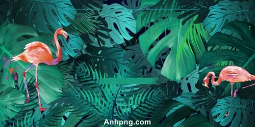 Background mùa hè lá nhiệt đới và hồng hạc, thiết kế ảnh nền biển thư giãn