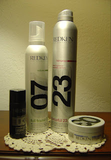 Redken Full Frame 07 Protective Volumizing Mousse, Water Wax 03 Shine Defining Pomade, Powder Grip 03, Forceful 23 Super Strength Finishing Spray.jpeg