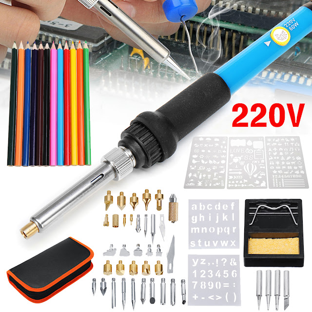 60Pcs 220V Wood Burning Pen Set Stencil Solder Iron Tips Tools Pyrography Kit