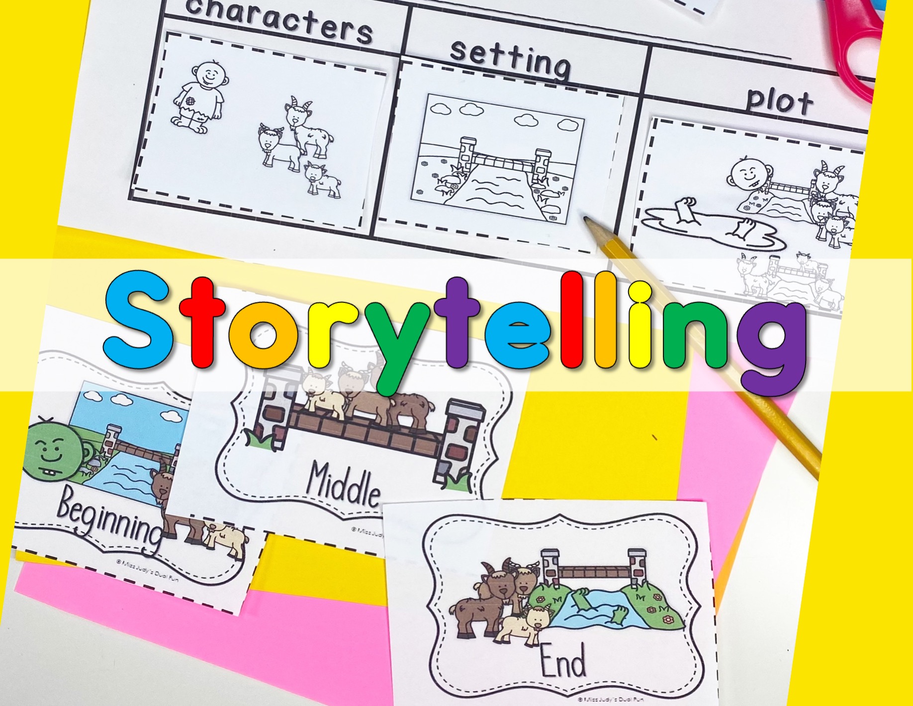 Image of storytelling worksheet and cards for the Three Billy Goats Gruff.