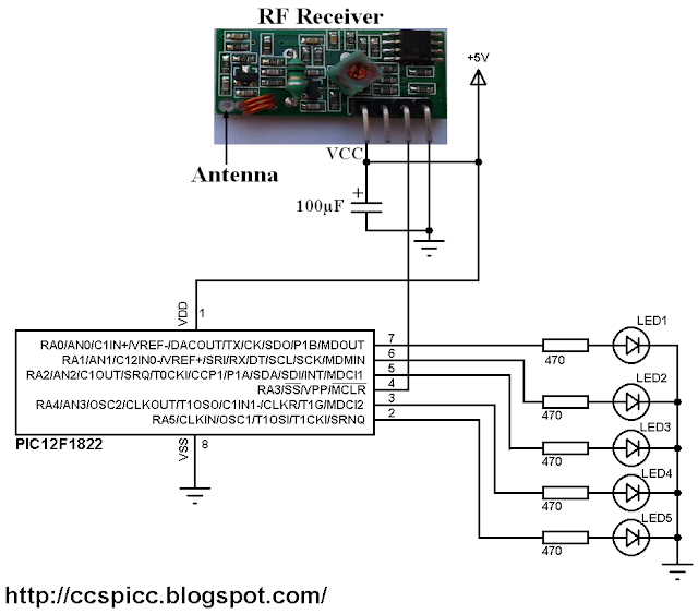 433MHz radio frequency RF receiver circuit using PIC microcontroller