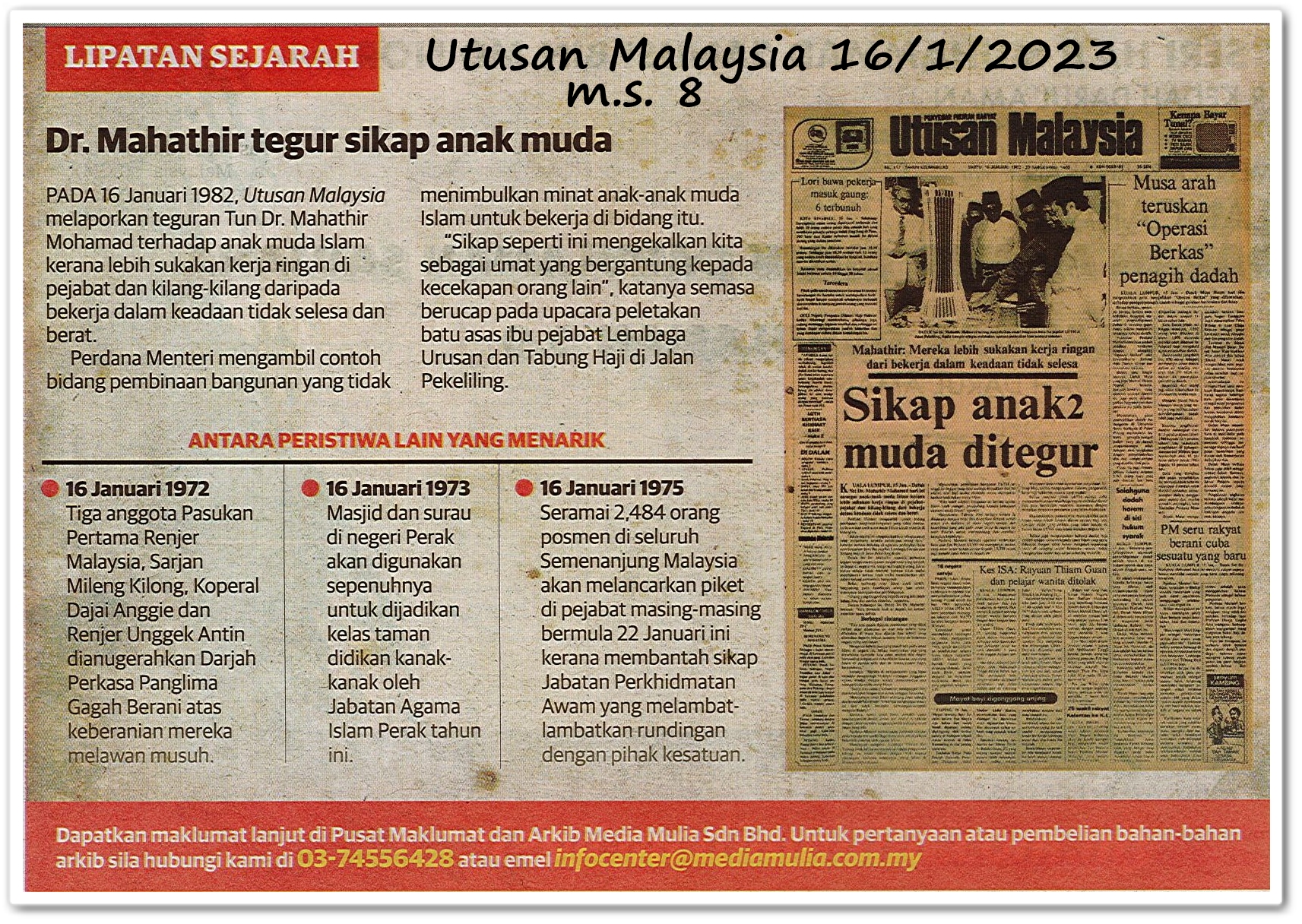 Lipatan sejarah 16 Januari - Keratan akhbar Utusan Malaysia 16 Januari 2023