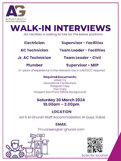 Join AG Facilities Solutions in the UAE for exciting career opportunities! We're conducting walk-in interviews in 2024.